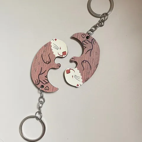 Creatieve Houten Otter Koppel Puzzel Sleutelhanger In elkaar grijpende Dieren Sleutelring Voor Valentijnsdag Cadeau