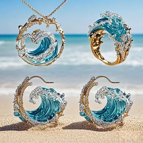 Artistic Sea Wave Jewelry Zinc Alloy Resin Blue Water Ripple Zirconia Inlaid Necklace Earrings Ring For Women Beach Vacation Fashion Accessory