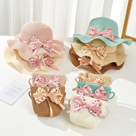 Sommer Kinder Damen Blumen Schleife Strohhut Und Taschen Set Sonnenschutz Strand Gewebter Hut Mit Breiter Krempe