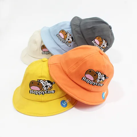 Nylon Cartoon Cow Embroidery Baby Bucket Hat Sunshade Fisherman Cap For Toddler Kids Boy Girl Outdoor Summer Sun Hat