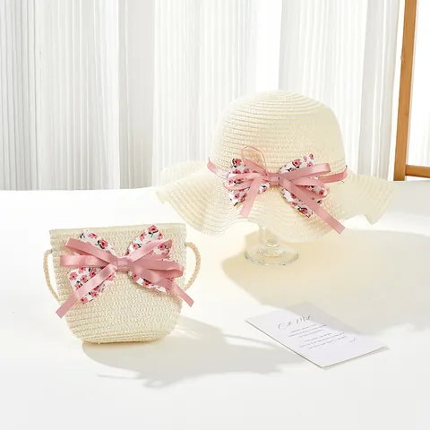Sommer Kinder Damen Blumen Schleife Strohhut Und Taschen Set Sonnenschutz Strand Gewebter Hut Mit Breiter Krempe