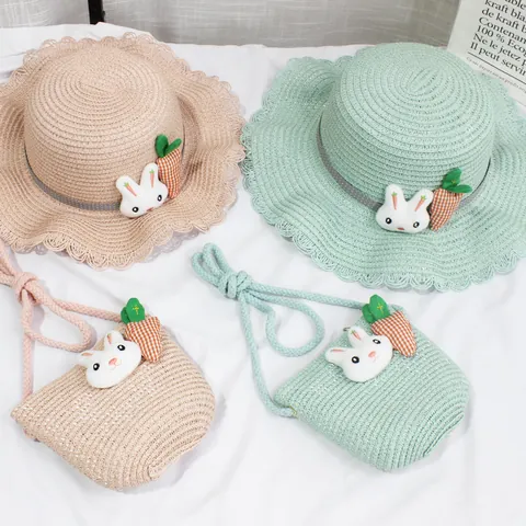 Kids Girls Summer Paper Straw Hat And Small Shoulder Bag Floral Artificial Pearl Bow Sun Protection Beach Breathable Woven Accessory