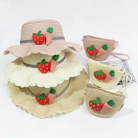 Kids Girls Summer Sun Straw Hat And Straw Crossbody Bag With Cartoon Strawberry Carrot Star Decor Breathable Beach Hat