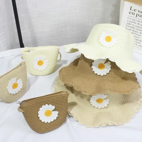 Children Girls Sweet Daisy Straw Sun Hat With Matching Mini Crossbody Bag Wavy Brim Foldable Summer Beach Straw Hat