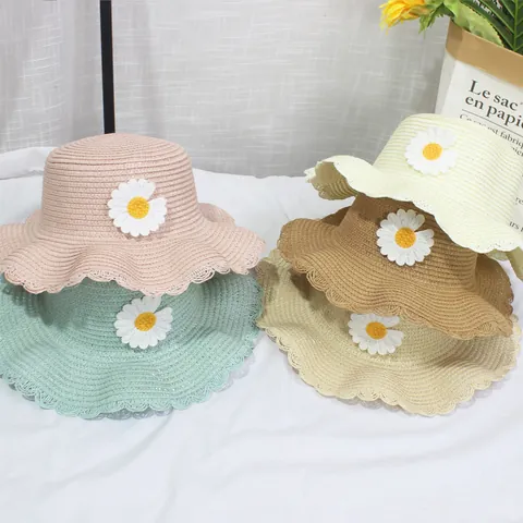 Children Girls Sweet Daisy Straw Sun Hat With Matching Mini Crossbody Bag Wavy Brim Foldable Summer Beach Straw Hat