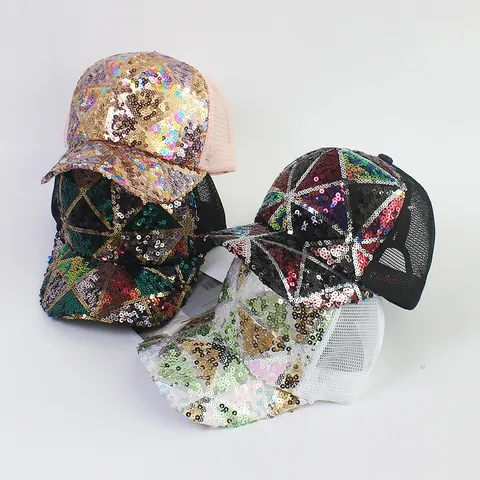 Pailletten Patchwork Baseballkappe Damen Kinder Eltern-Kind Netz Trucker Hut Geometrisches Dreieck Verstellbar Sonnenhut