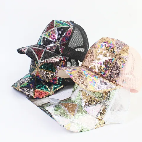 Pailletten Patchwork Baseballkappe Damen Kinder Eltern-Kind Netz Trucker Hut Geometrisches Dreieck Verstellbar Sonnenhut