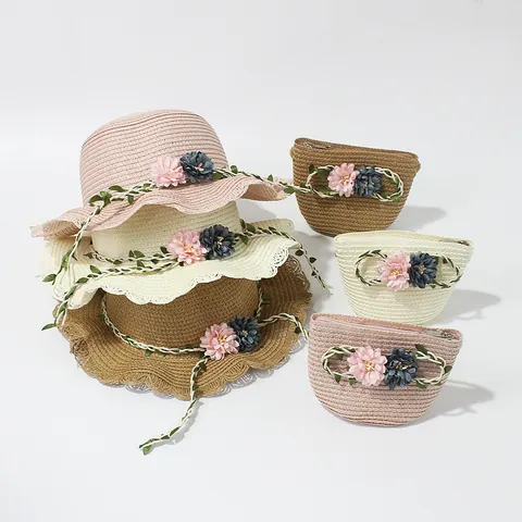 Children Girls Summer Floral Straw Hat And Matching Bag Sun Protection Wavy Brim Beach Bucket Hat For Kids Outdoors
