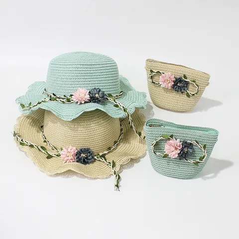 Children Girls Summer Floral Straw Hat And Matching Bag Sun Protection Wavy Brim Beach Bucket Hat For Kids Outdoors