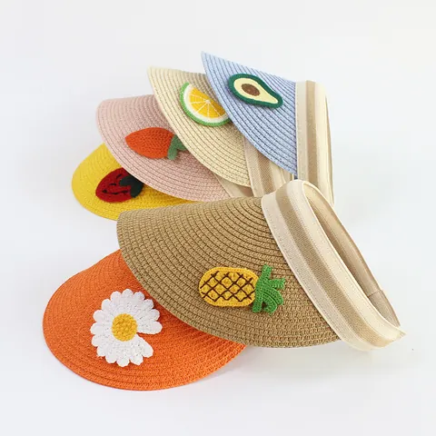 Summer Paper Straw Woven Sun Visor Hat For Women Kids Empty Top UV Protection Wide Brim Beach Travel Fruit Flower Patchwork