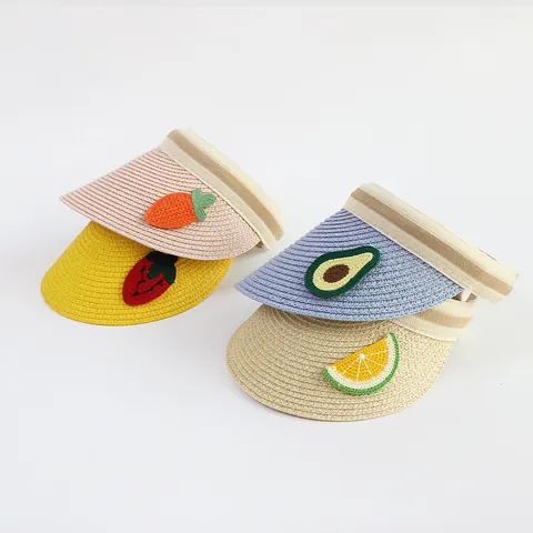 Summer Paper Straw Woven Sun Visor Hat For Women Kids Empty Top UV Protection Wide Brim Beach Travel Fruit Flower Patchwork