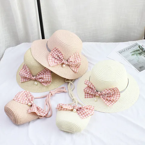 Kids Girls Summer Paper Straw Hat And Small Shoulder Bag Floral Artificial Pearl Bow Sun Protection Beach Breathable Woven Accessory