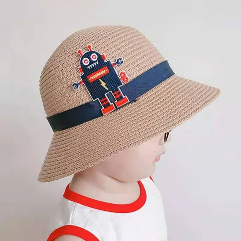 Summer Sun Protection Woven Paper Straw Hat For Kids Adults Wide Brim Beach Hat Cartoon Patch Striped Ribbon Decoration