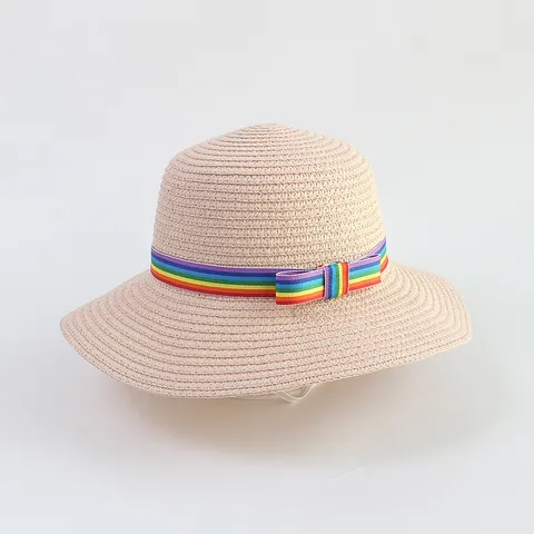 Summer Straw Hat With Rainbow Ribbon And Bow For Sun Protection Children Adults Wide Brim Beach Sunshade Hat