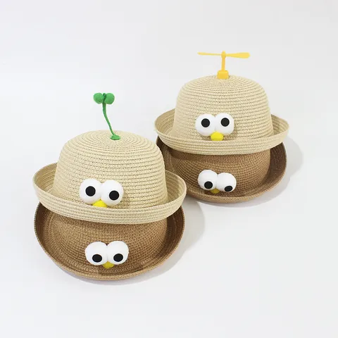 Kids Straw Sun Hat With Cartoon Big Eyes Bamboo Dragonfly Sprout Decoration Rolled Brim Beach Hat For Toddler Boys Girls