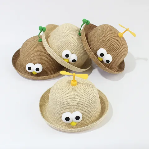 Kids Straw Sun Hat With Cartoon Big Eyes Bamboo Dragonfly Sprout Decoration Rolled Brim Beach Hat For Toddler Boys Girls