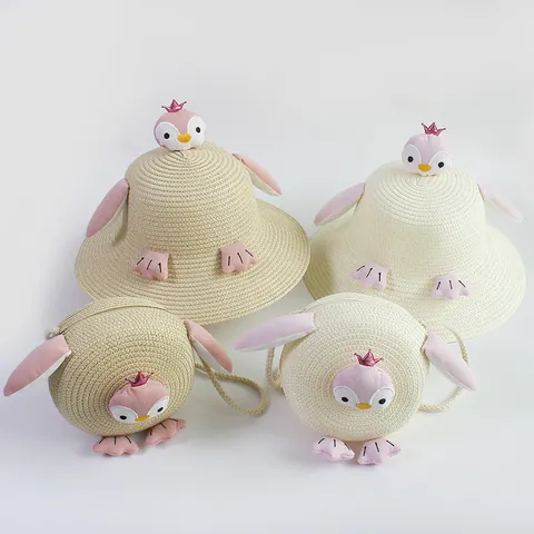 Sombrero de Paja Trenzada para Niños con Pingüino de Dibujos Animados y Bolso Bandolera Redondo Protección Solar Playa Verano Ala Ancha para Niños