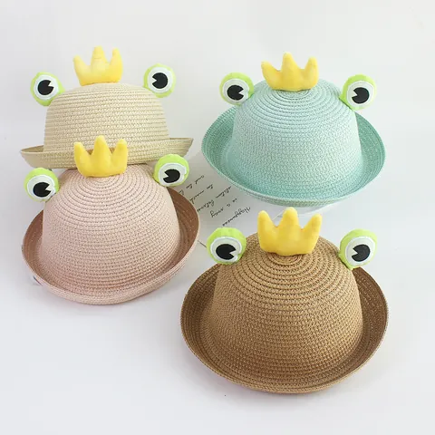 Kids Frog Straw Hat With Crown Decoration Breathable Sun Protection Rolled Brim Woven Summer Beach Hat For Boys Girls