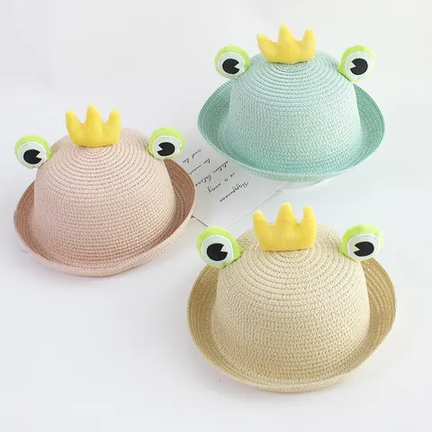 Kids Frog Straw Hat With Crown Decoration Breathable Sun Protection Rolled Brim Woven Summer Beach Hat For Boys Girls