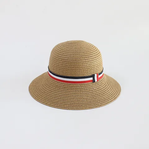 Summer Sun Protection Woven Paper Straw Hat For Kids Adults Wide Brim Beach Hat Cartoon Patch Striped Ribbon Decoration