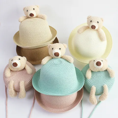 Kids Cartoon Bear Straw Hat Bag Set Sun Protection Breathable Beach Vacation Summer Weaving Sun Hat For Boys Girls