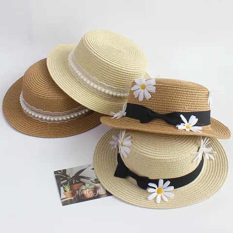 Elegante Sombrero de Paja de Copa Plana Estilo Francés para Mujer Niños Protección Solar de Verano con Perla Artificial Encaje Cinta Margarita