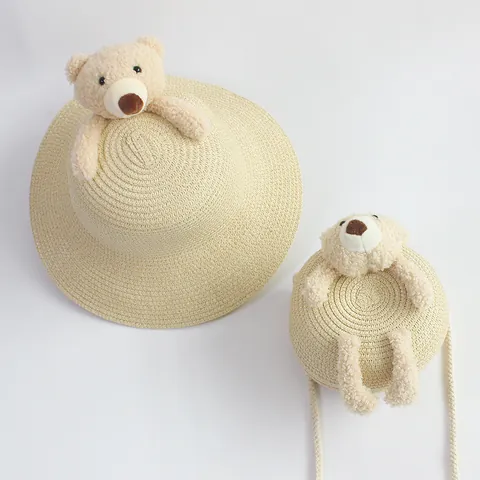 Kids Cartoon Bear Straw Hat Bag Set Sun Protection Breathable Beach Vacation Summer Weaving Sun Hat For Boys Girls