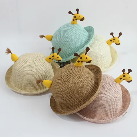Kids Summer Straw Sun Hat With Cute Giraffe And Heart Fabric Decoration For Boys Girls Toddlers Breathable Beach Woven Cap Vacation Accessory