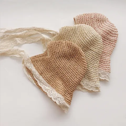 Cappello da Sole in Paglia di Carta con Pizzo per Bambini Ragazze Donna Vintage Pastorale Intrecciato a Mano Parasole Spiaggia