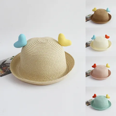 Kids Summer Straw Sun Hat With Cute Giraffe And Heart Fabric Decoration For Boys Girls Toddlers Breathable Beach Woven Cap Vacation Accessory