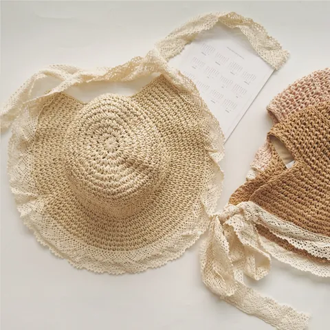 Cappello da Sole in Paglia di Carta con Pizzo per Bambini Ragazze Donna Vintage Pastorale Intrecciato a Mano Parasole Spiaggia