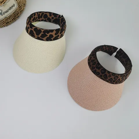Women Leopard Print Empty Top Straw Sun Hat Wide Brim Foldable Beach Resort Visor Hat For Summer Vacation
