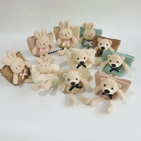Süße Kinder Mini Stroh Gewebte Umhängetasche 3D Plüsch Hase Bär Cartoon Geldbörse Für Mädchen Sommer Strand Reise Geschenk Tasche