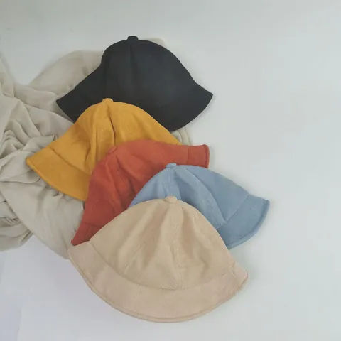 Children's Vintage Corduroy Bucket Hat Solid Color Sunshade Fisherman Hat With Windproof Strap For Toddler Boys Girls Casual Sun Hat