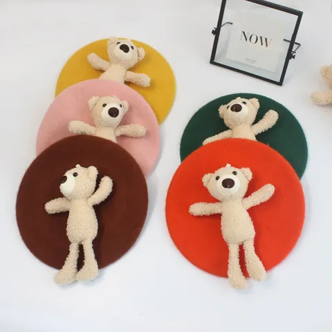 Süße Niedliche Teddybär Wollmischung Baskenmütze Für Kinder Damen Winter Herbst Warme Maler Hut Einfarbig Mode Accessoire
