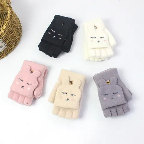 Women Winter Knitted Flip Top Gloves Cartoon Rabbit Cat Embroidered Half Finger Mitten Warm Convertible Writing Typing Gloves
