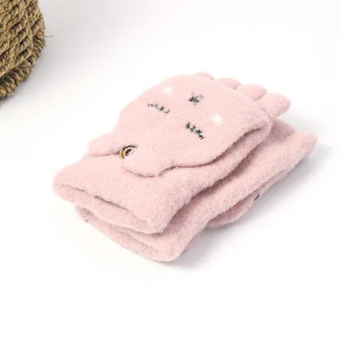 Women Winter Knitted Flip Top Gloves Cartoon Rabbit Cat Embroidered Half Finger Mitten Warm Convertible Writing Typing Gloves