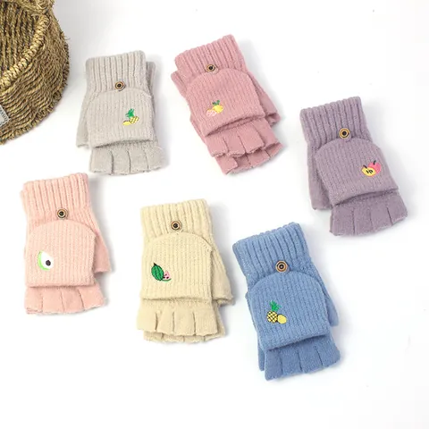 Women's Winter Warm Knitted Flip Top Gloves Acrylic Wool Half Finger Convertible Mittens With Cute Fruit Embroidery For Students