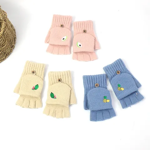 Women's Winter Warm Knitted Flip Top Gloves Acrylic Wool Half Finger Convertible Mittens With Cute Fruit Embroidery For Students