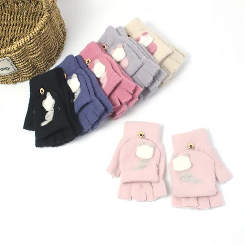 Dames Gebreide Flip Top Handschoenen Convertible Halve Vinger Winter Warm Cartoon Kat Patroon Vingerloze Handschoenen Voor Studenten