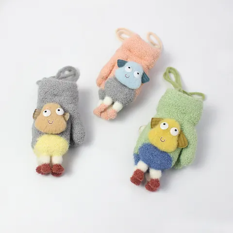 Children Winter Warm Knitted Mittens With 3D Cartoon Lamb Anti-Lost Hanging Neck Fleece Lined Gloves For Toddlers Kids