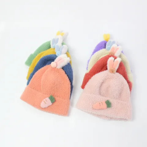 Cute Baby Winter Knit Hat With Rabbit Ears And Carrot Patch Soft Faux Mink Fur Warm Windproof Beanie For Toddler Boys Girls