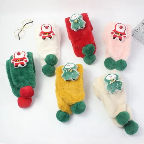 Sciarpa di Peluche di Natale per Bambini Ecopelliccia Caldo Scaldacollo Cartone Animato Babbo Natale Orso Sciarpa con Pom-Pon