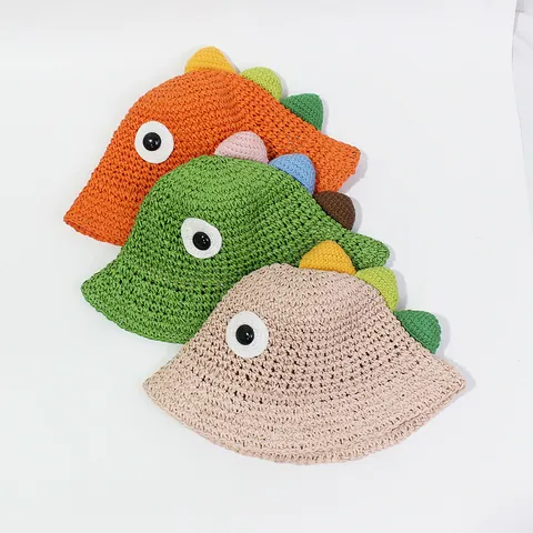 Sombrero de Paja de Dinosaurio para Niños Lindo Sombrero de Pescador Tejido Con Ojos Y Púas Ajustable Sombrero de Protección Solar Playa Verano