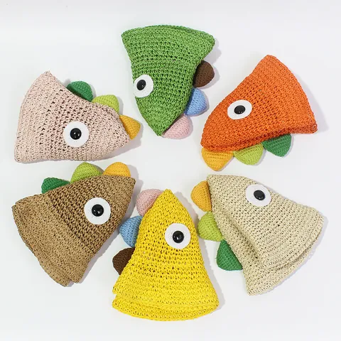 Sombrero de Paja de Dinosaurio para Niños Lindo Sombrero de Pescador Tejido Con Ojos Y Púas Ajustable Sombrero de Protección Solar Playa Verano