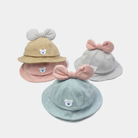Baby Girl Bow Polka Dot Bucket Hat Soft Cotton Sun Protection Fisherman Cap With Cartoon Bear Patch Breathable Summer Hat
