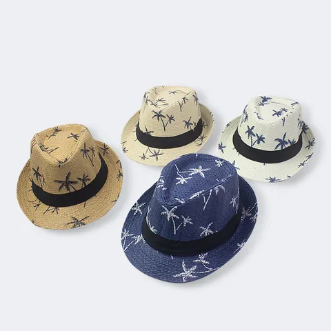 Summer Beach Straw Fedora Hat With Palm Tree Print For Men Kids Sun Protection Breathable Travel Paper Straw Sunshade Hat