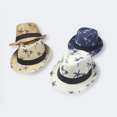 Summer Beach Straw Fedora Hat With Palm Tree Print For Men Kids Sun Protection Breathable Travel Paper Straw Sunshade Hat
