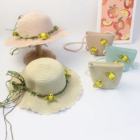 Mori Style Bee Scalloped Edge Paper Straw Hat And Bag For Kids Adults Pastoral Breathable Sun Protection Beach Travel Cap