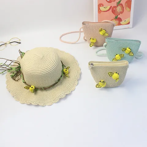 Mori Style Bee Scalloped Edge Paper Straw Hat And Bag For Kids Adults Pastoral Breathable Sun Protection Beach Travel Cap